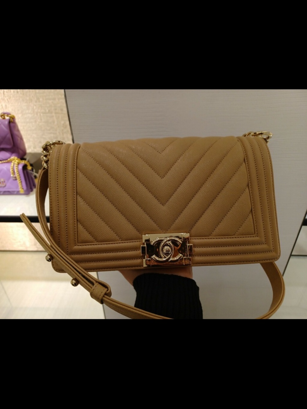 CHANEL Tan Chevron Leather Boy Bag with Gold Hardware